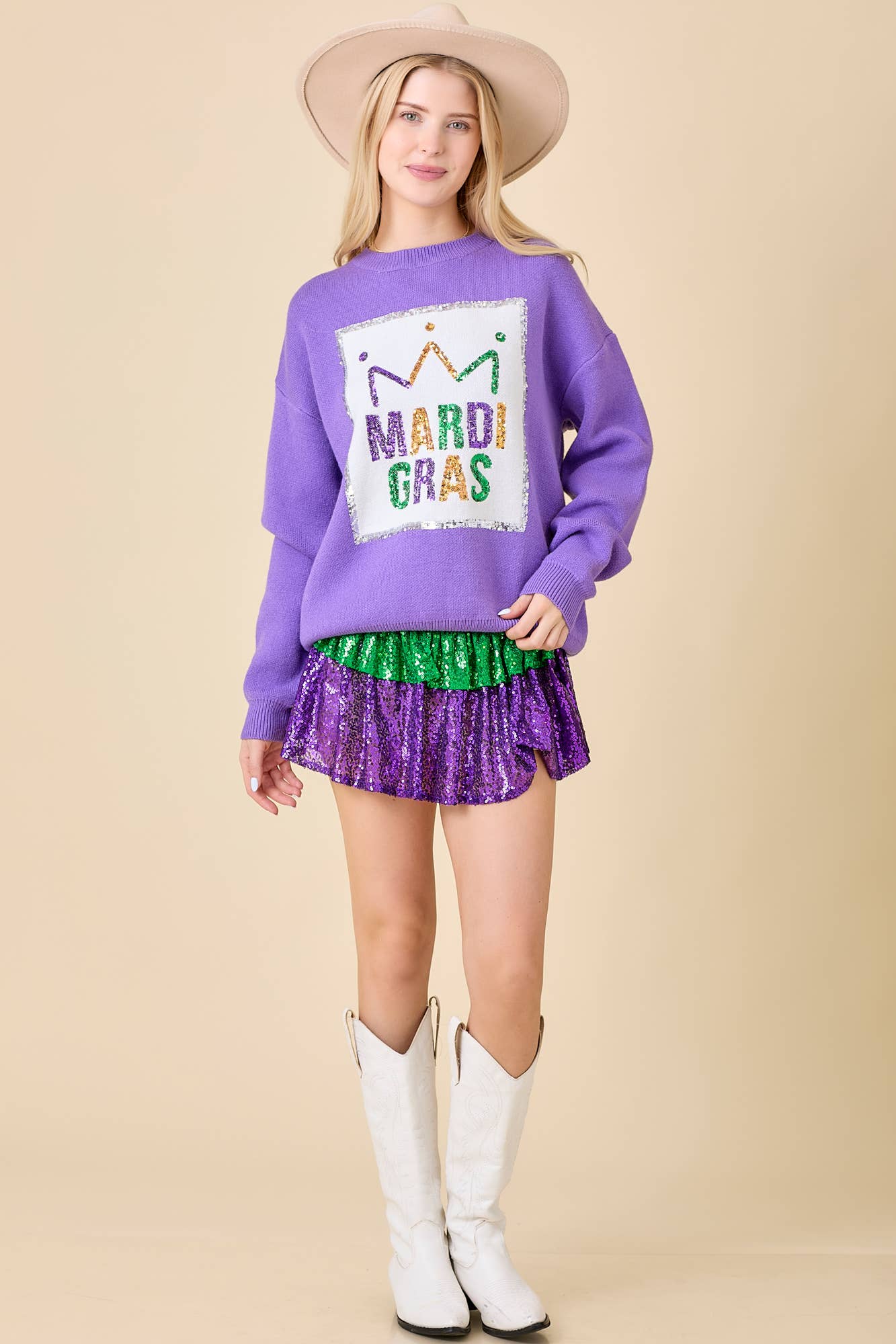 Mardi Gras Sequin Embroidered Sweater | Purple/Small