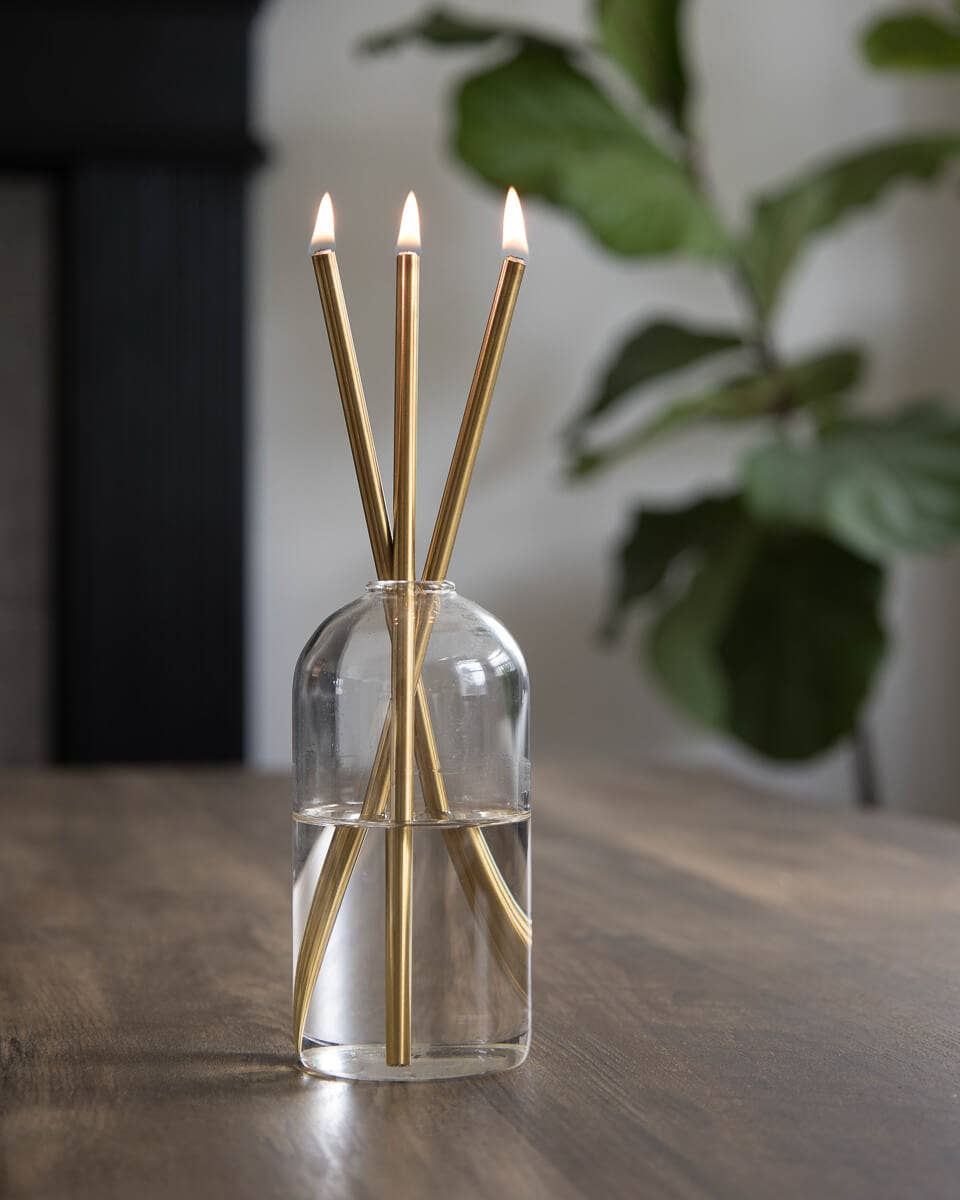 Gold Everlasting Candles w/ Clear Vase