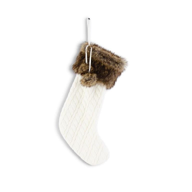 19" Cable Knit Stocking w/ Brown Fur Trim