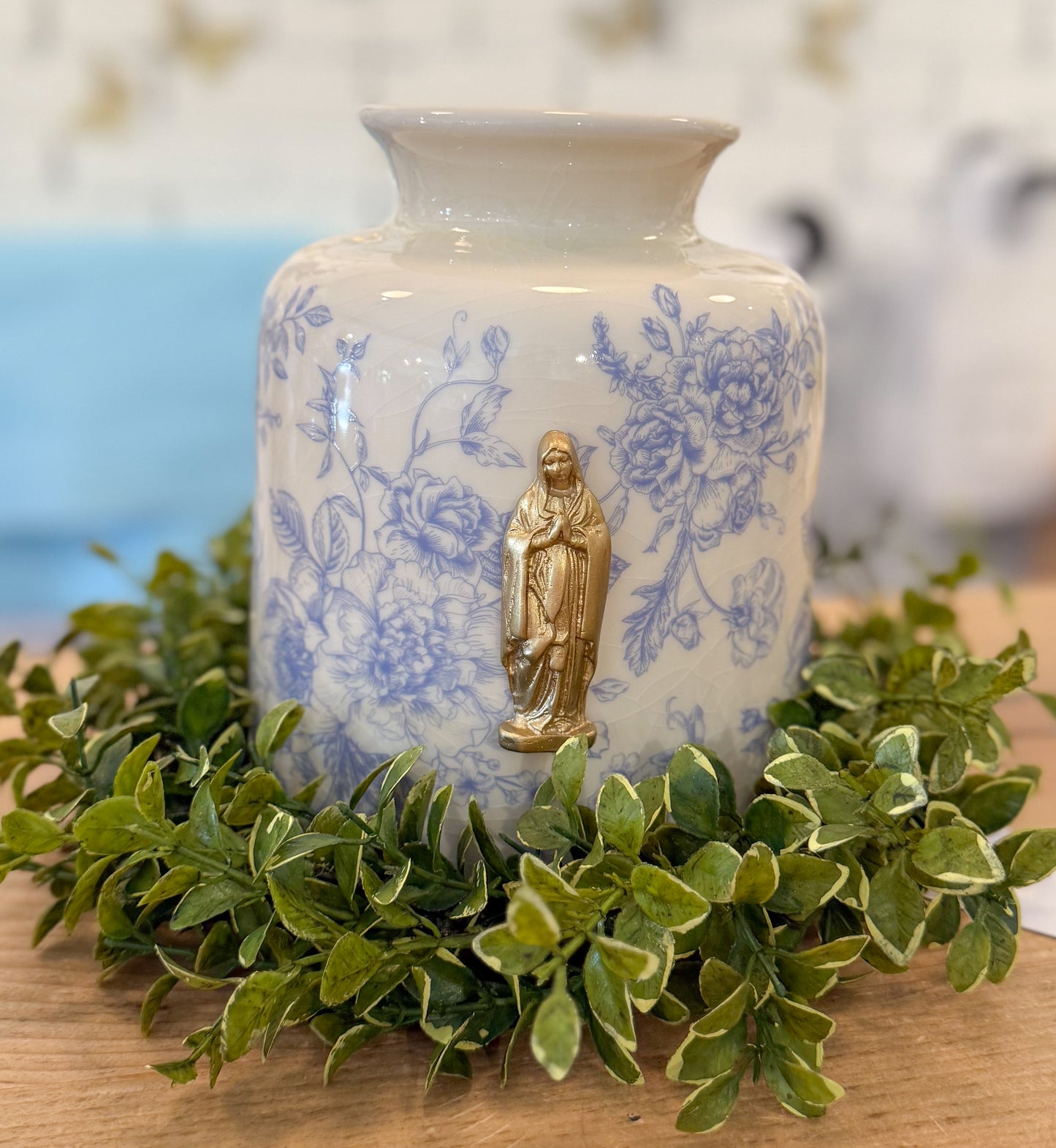 Mother Mary Intaglio on Blue/Cream Floral Vase