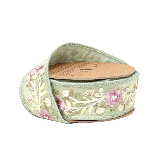 1.5" Wired Ribbon | Green Flower Trim