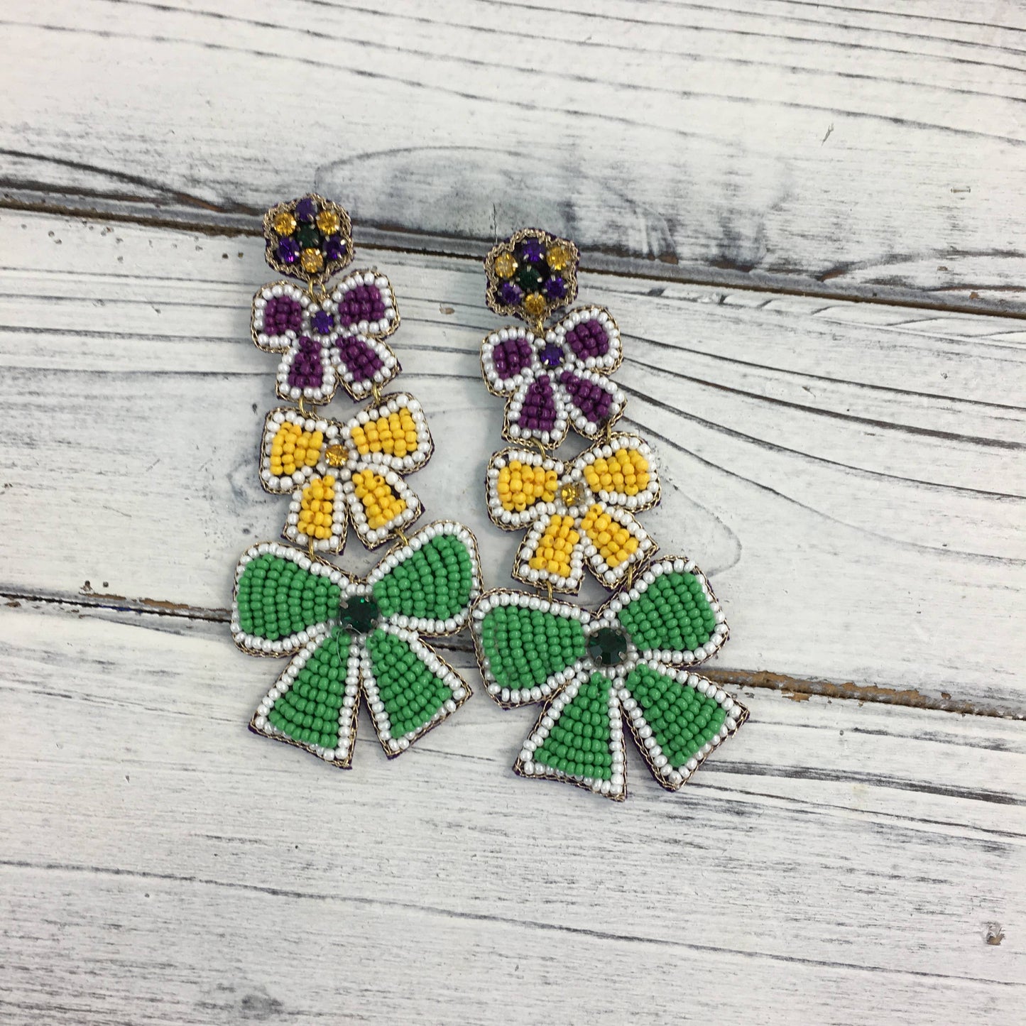 Beaded Mardi Gras Bow Drop Earrings