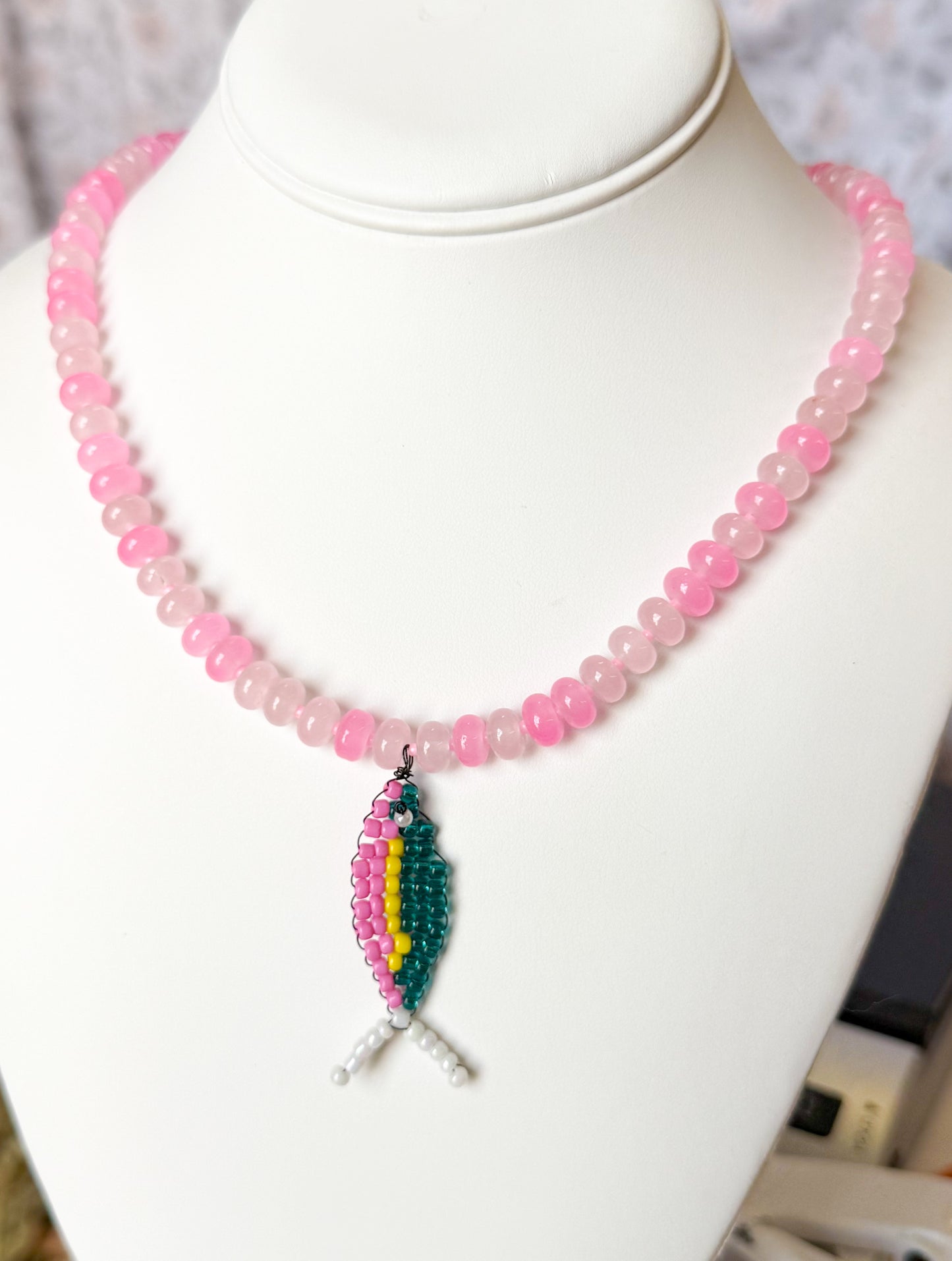 Pinky Gemstone Beaded Necklace | fish pendant