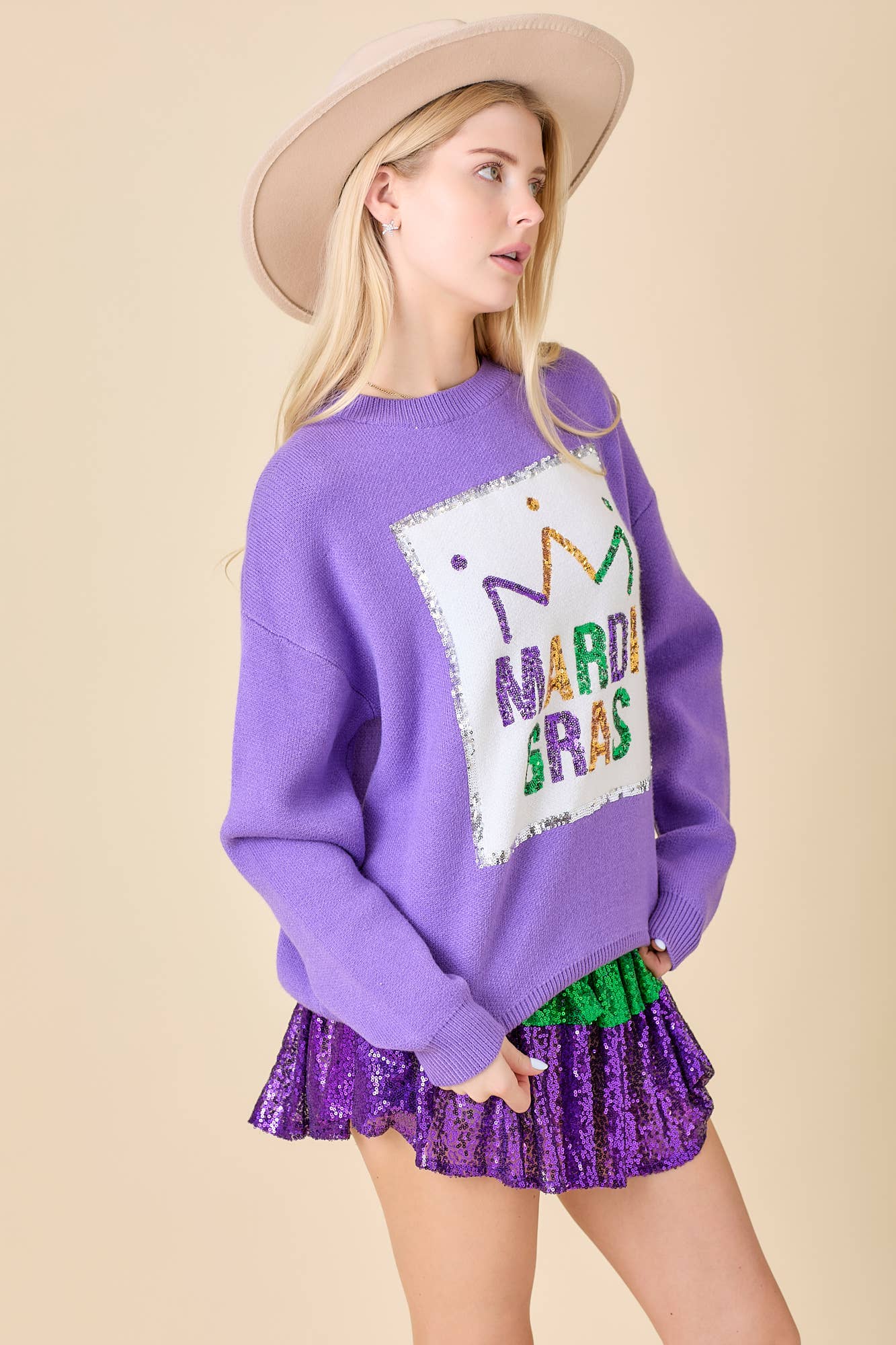 Mardi Gras Sequin Embroidered Sweater | Purple/Small