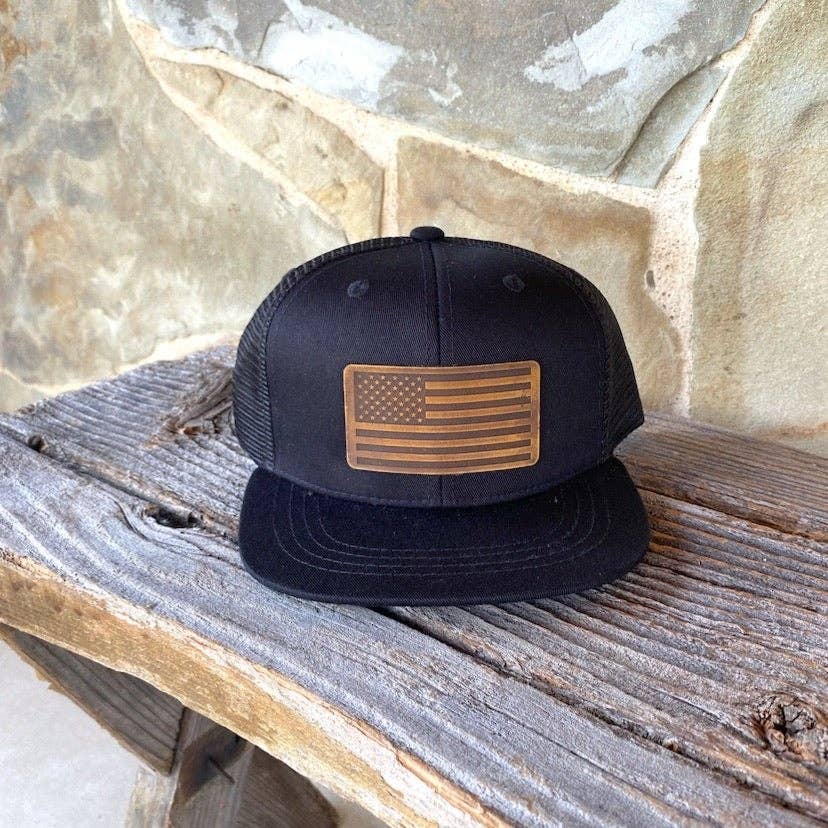 KIDS American Flag Leather Patch Hat | Black