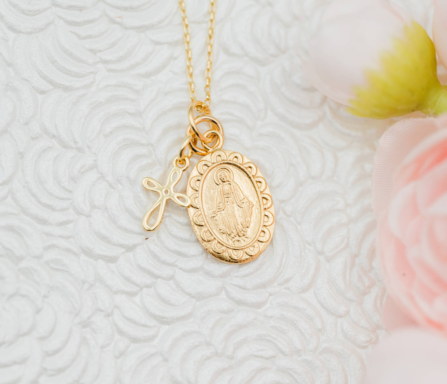 Gold Plated Miraculous Medal Cross Necklace | 14”