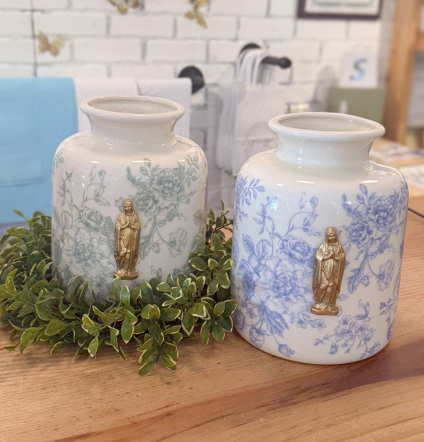 Mother Mary Intaglio on Blue/Cream Floral Vase