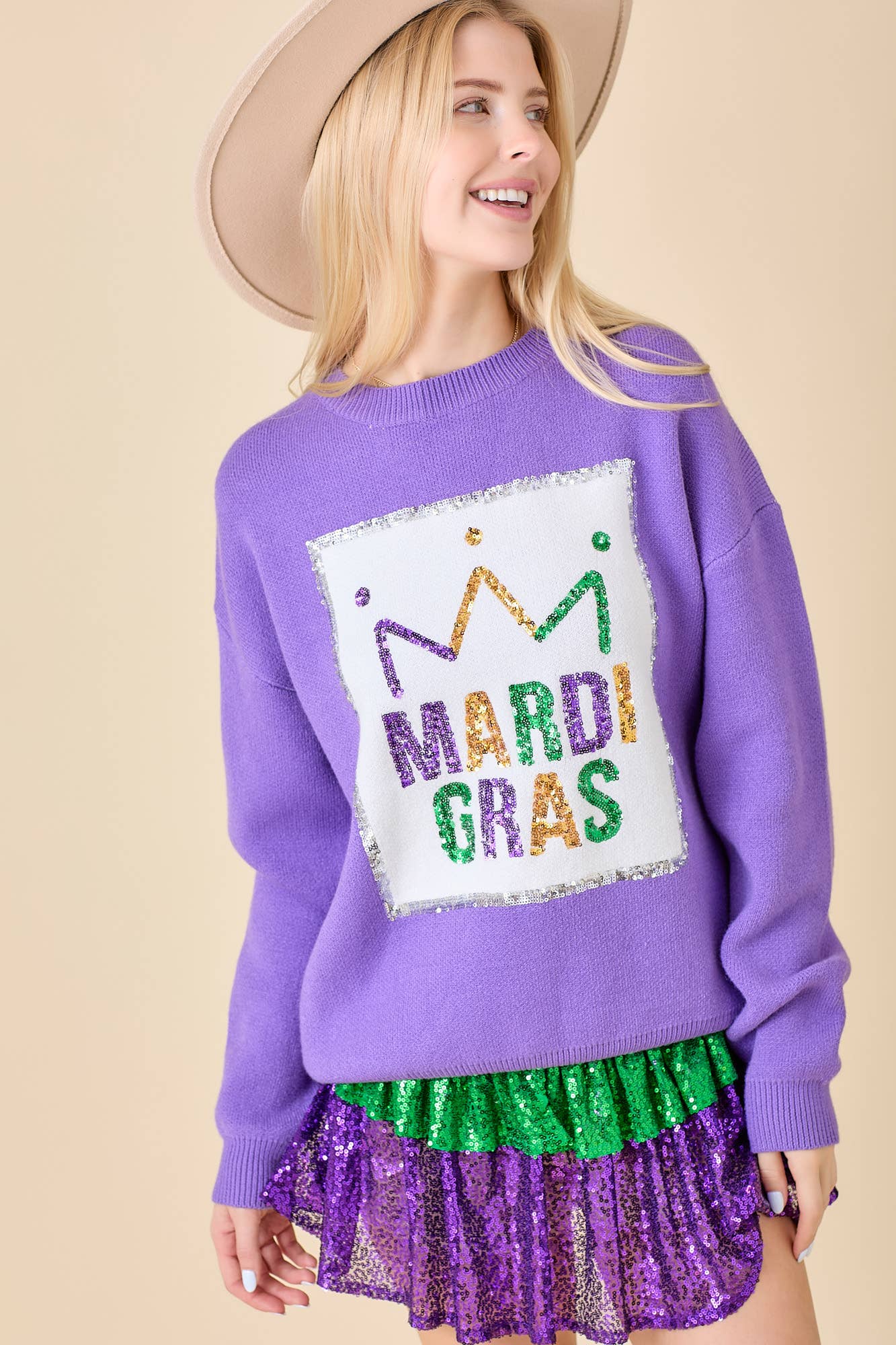 Mardi Gras Sequin Embroidered Sweater | Purple/Small