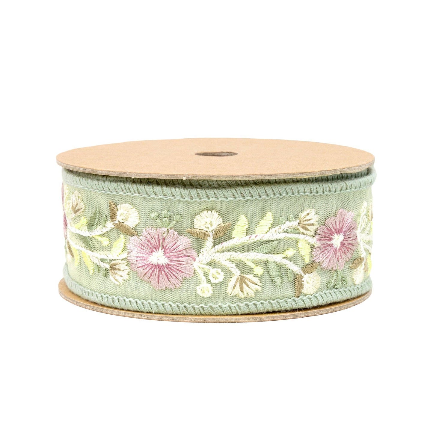 1.5" Wired Ribbon | Green Flower Trim