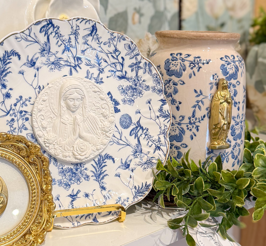 Mother Mary Intaglio Blue/White Floral Plate | w/ Easel