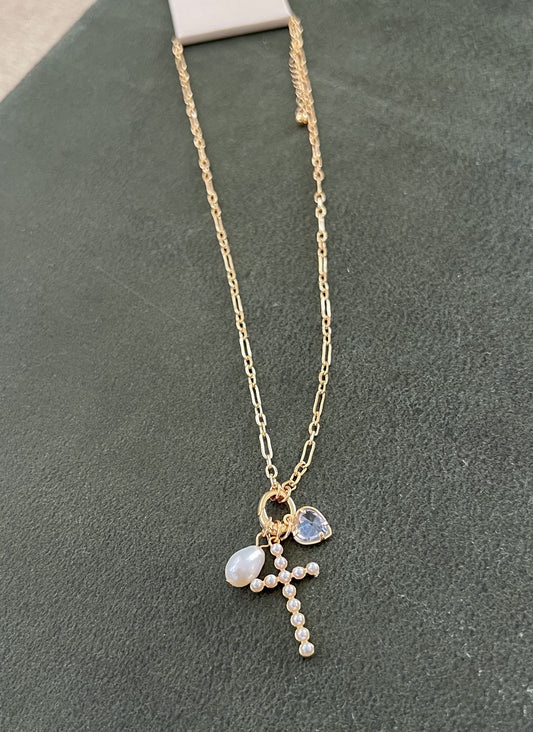 Pearl Cross Multi Charm Necklace