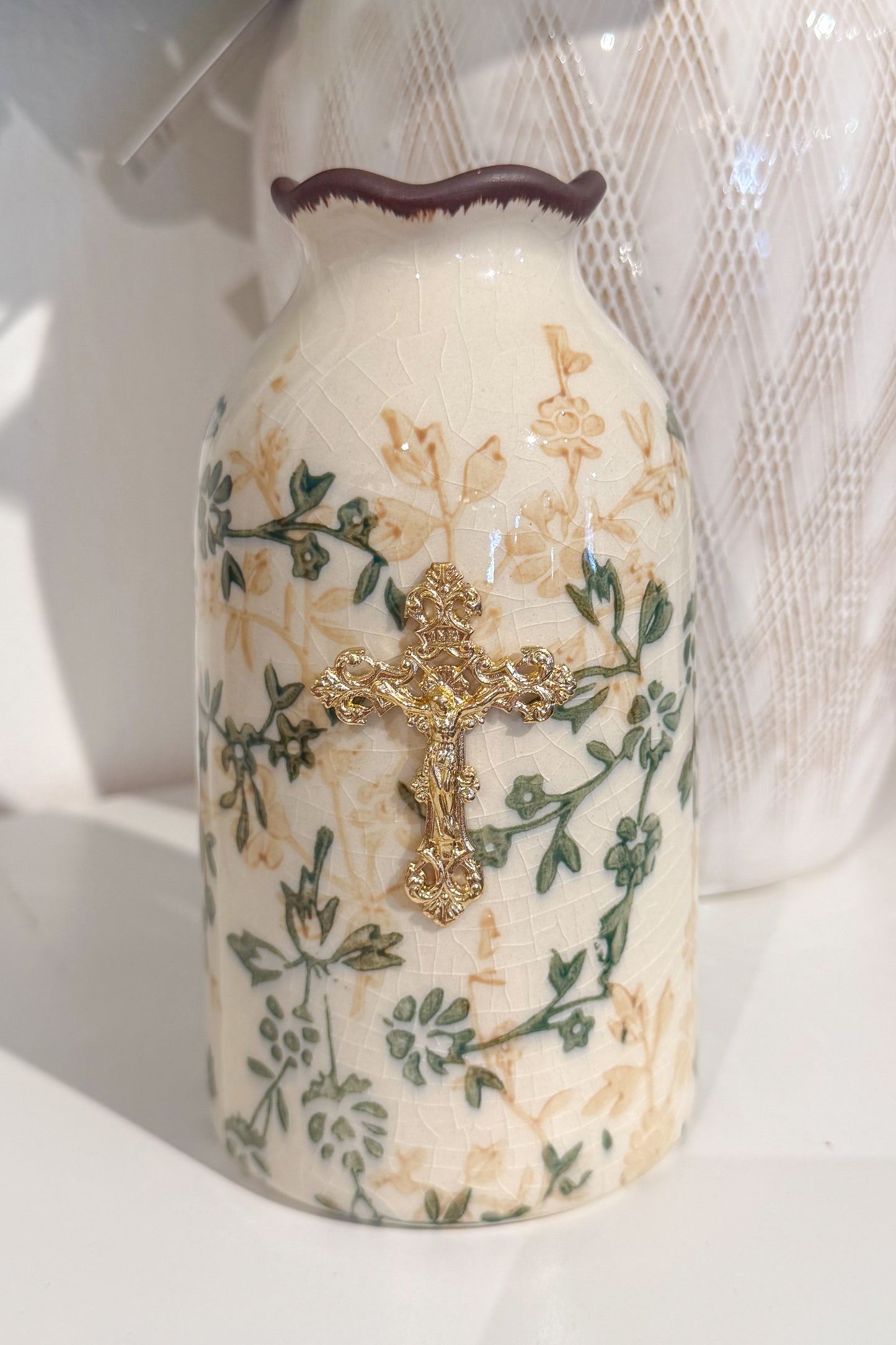 Crucifix on Green/Beige Small Vase