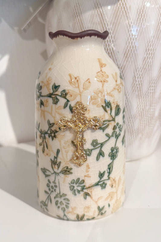 Crucifix on Green/Beige Small Vase