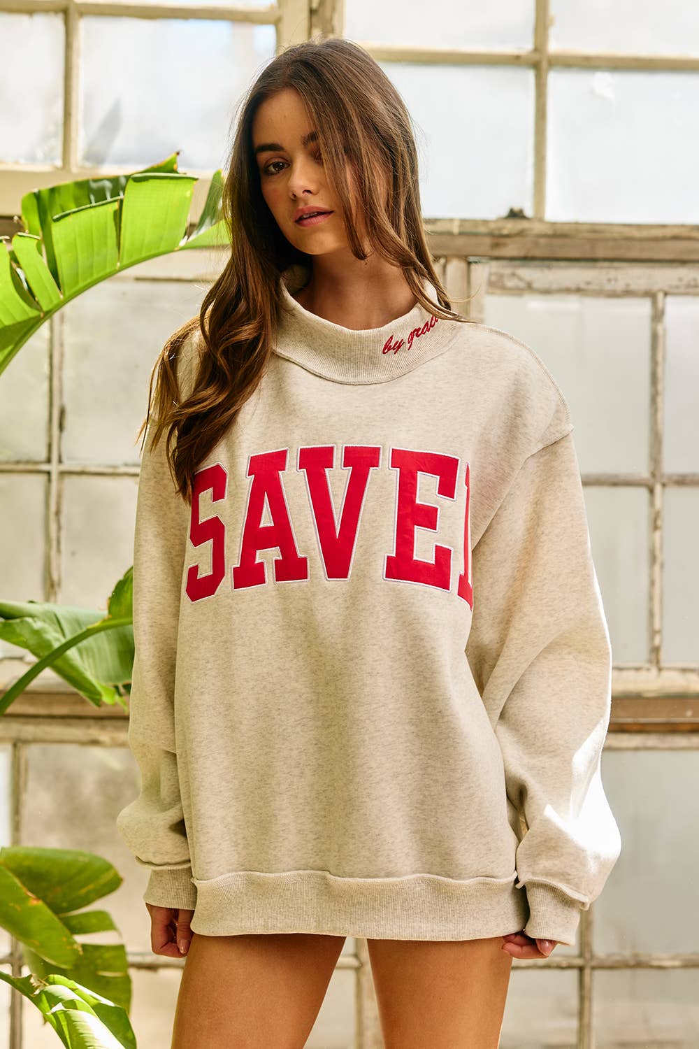 SAVED Embroidered Mock Neck Sweatshirt