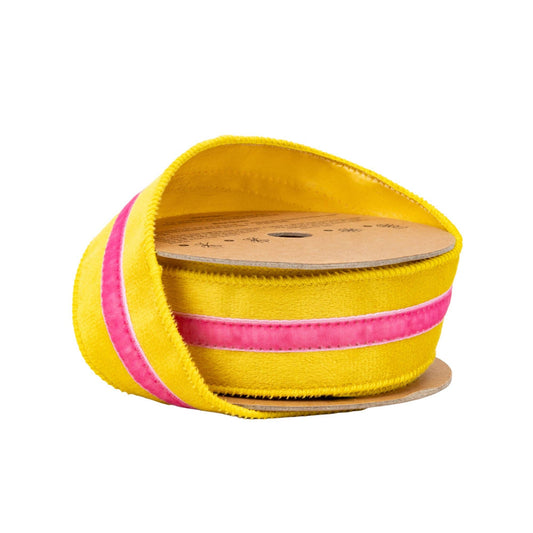1.5" Wired Velvet Ribbon w/ Trim | Yellow w/ Pink Trim