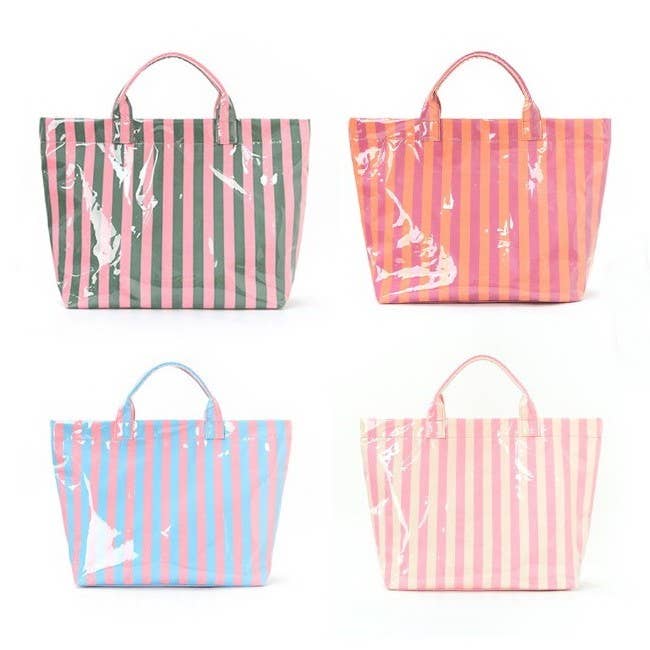 Large Striped Vinyl Tote | Pink Green