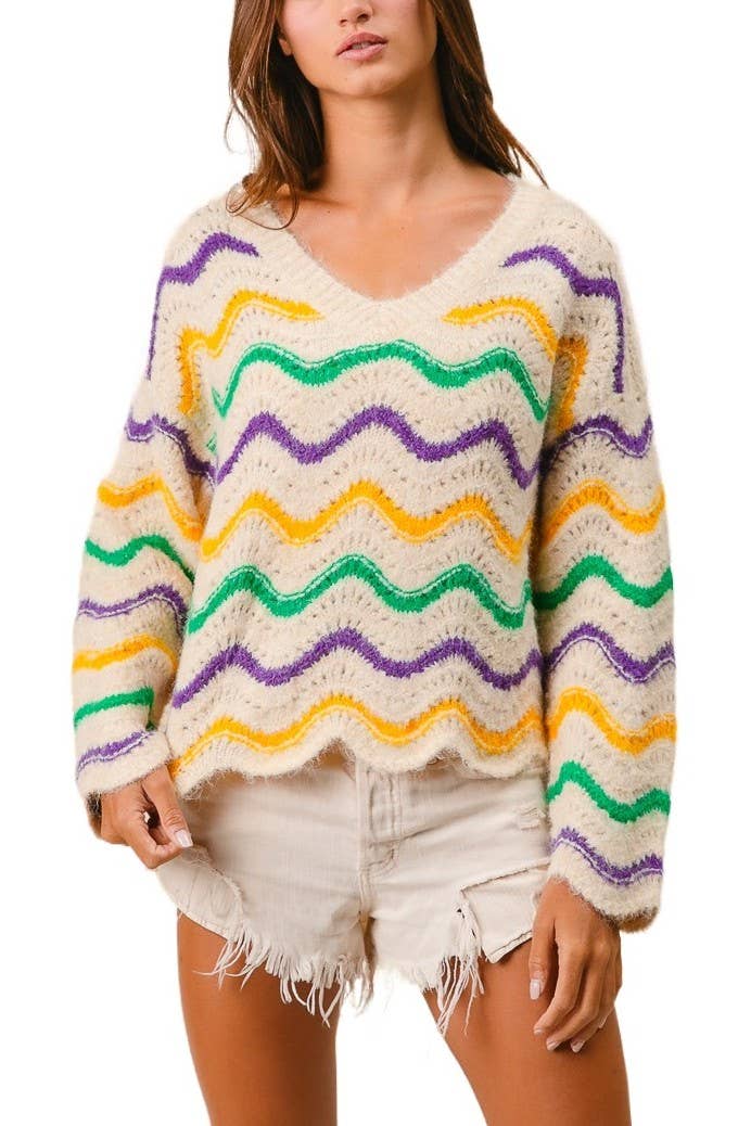 Mardi Gras Wavy Stripes V-neck Sweater