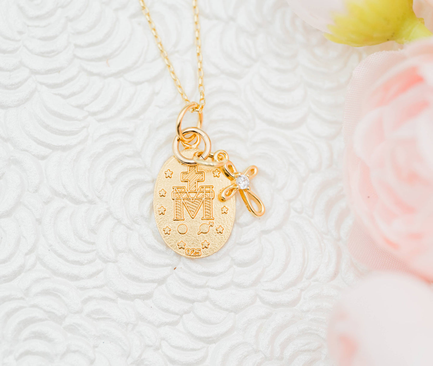 Gold Plated Miraculous Medal Cross Necklace | 14”