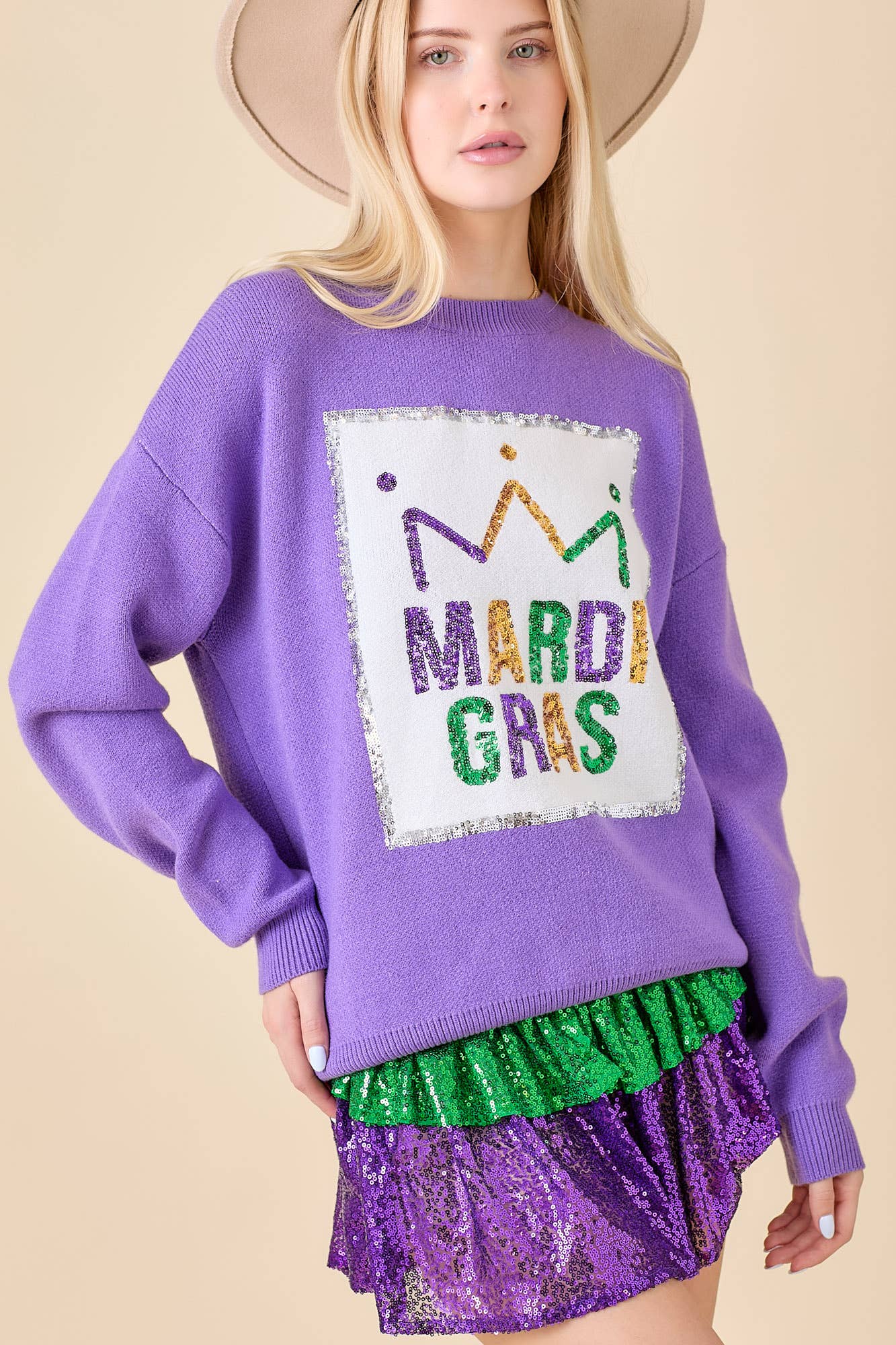 Mardi Gras Sequin Embroidered Sweater | Purple/Small