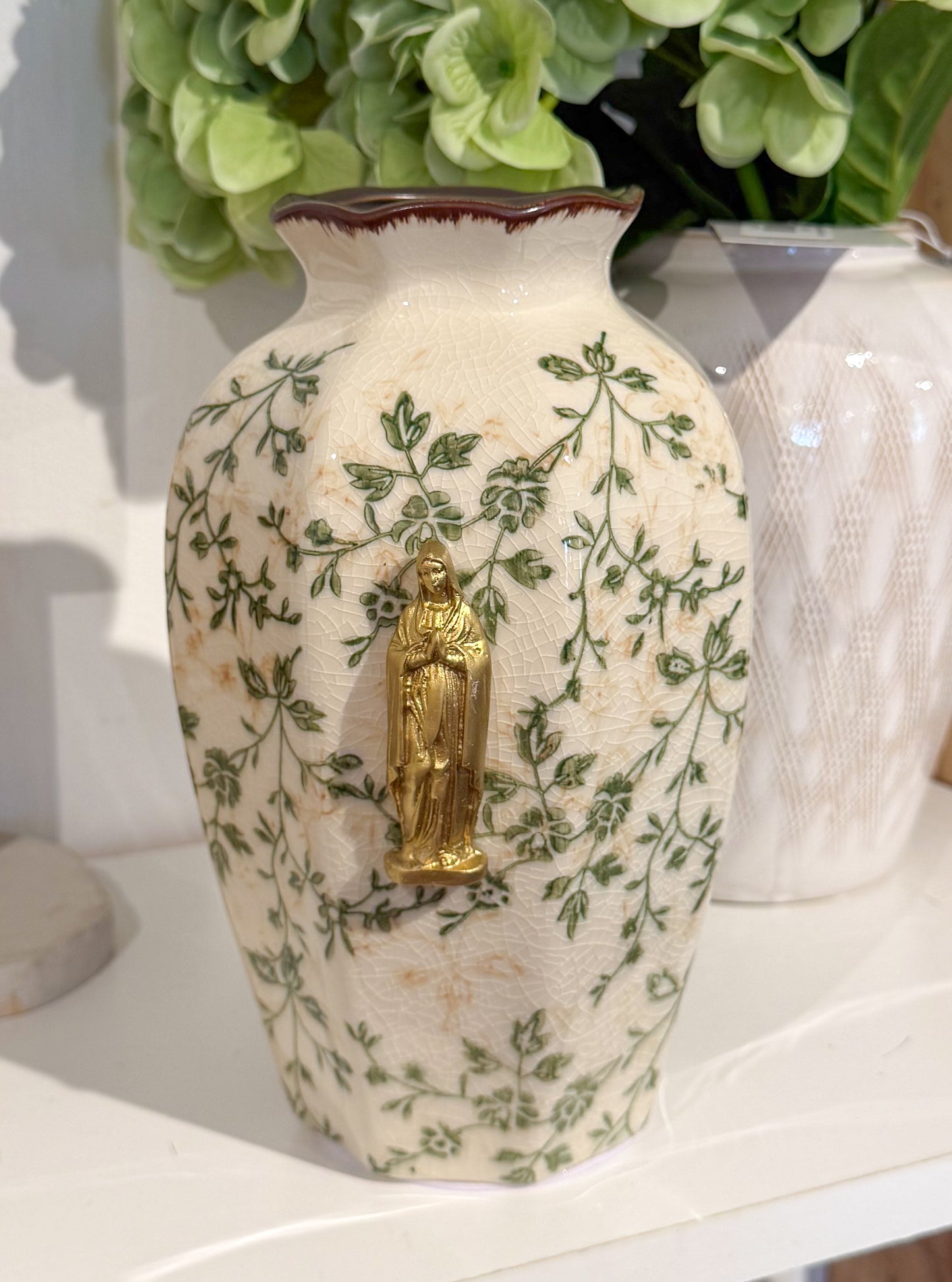 Mother Mary Intaglio on Green/Beige Floral Vase