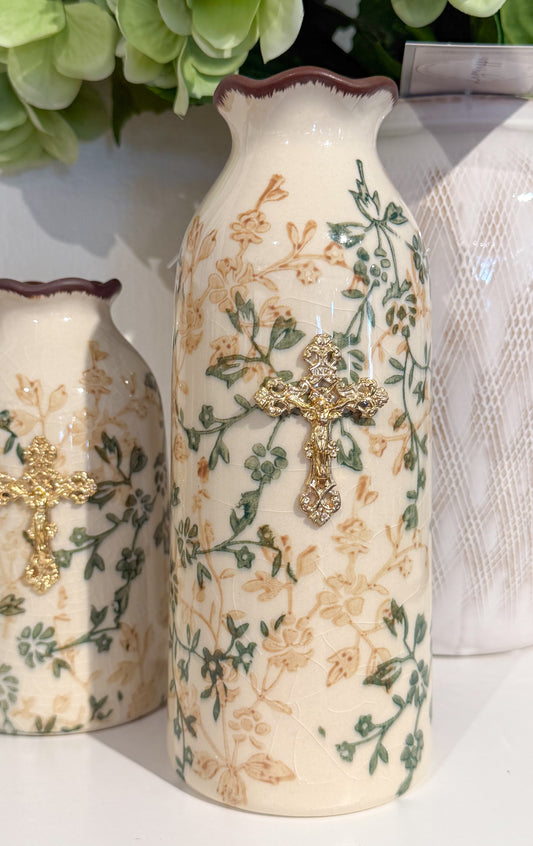 Crucifix on Green/Beige Slim Vase