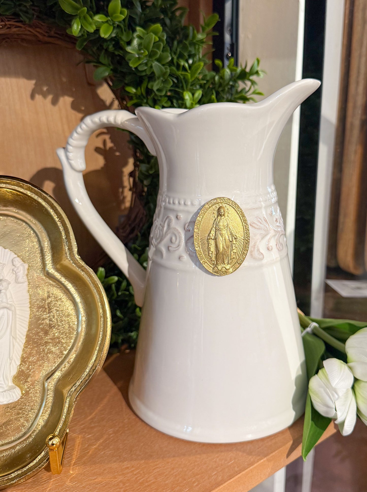 Miraculous Virgin Mary Intaglio Ceramic Pitcher | Cream/White