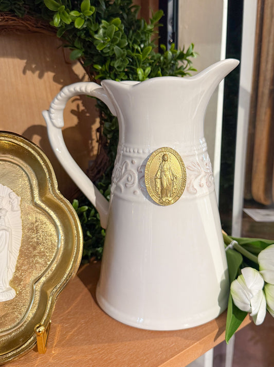 Miraculous Virgin Mary Intaglio Ceramic Pitcher | Cream/White
