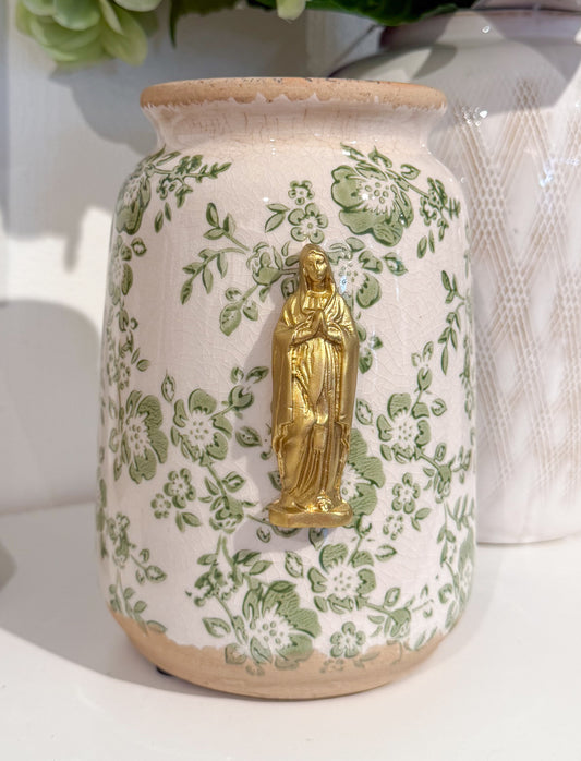 Mother Mary Intaglio Green/Beige Floral Vase