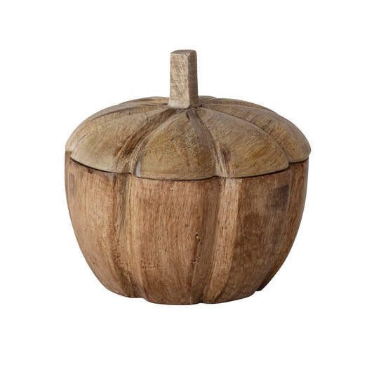 Hand-Carved Mango Wood Pumpkin Container