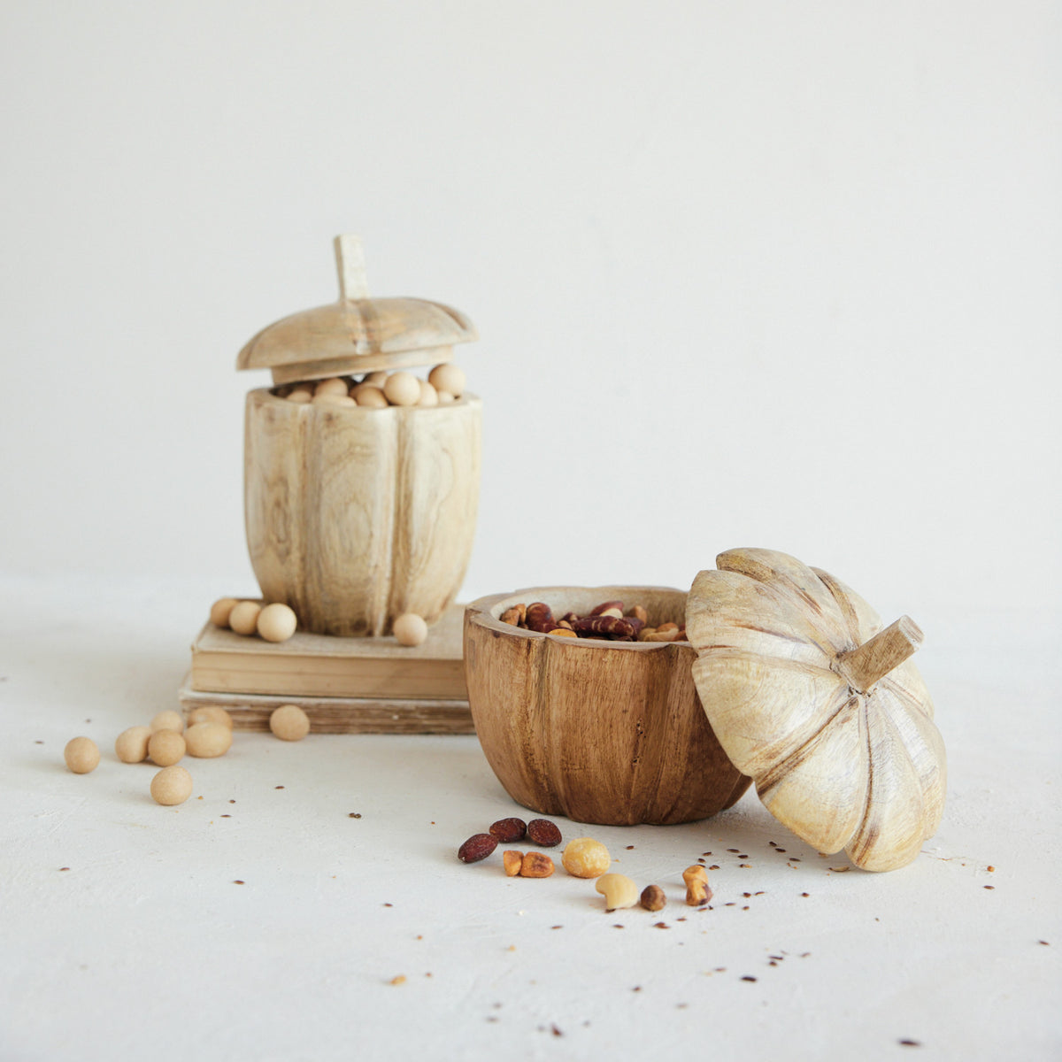 Hand-Carved Mango Wood Pumpkin Container