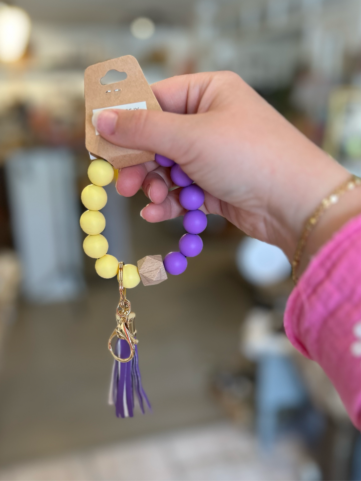 Silicone Beaded Keyring Bracelet | Purple/Yellow