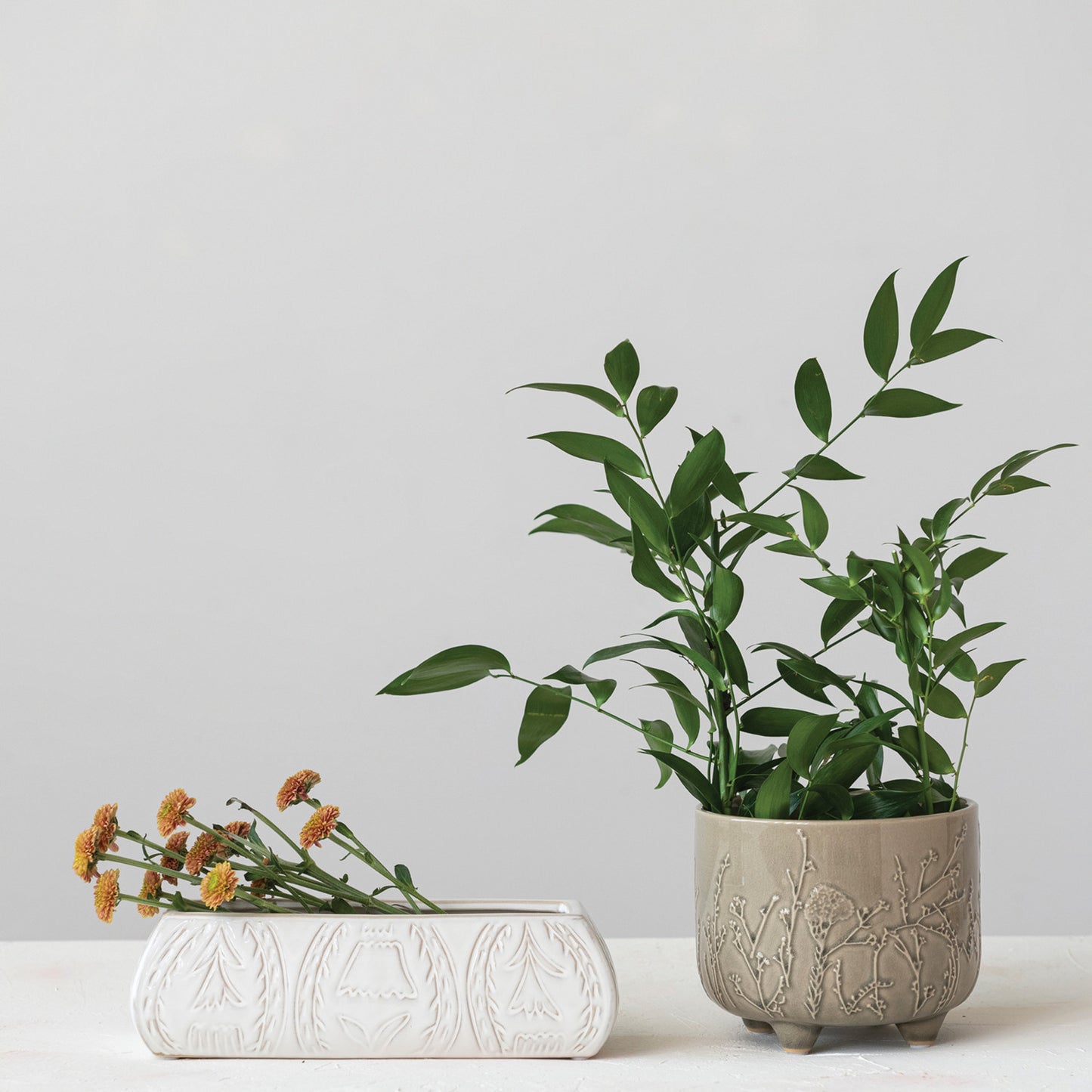 Debossed Stoneware Planter w/ Flower Design | Antique White