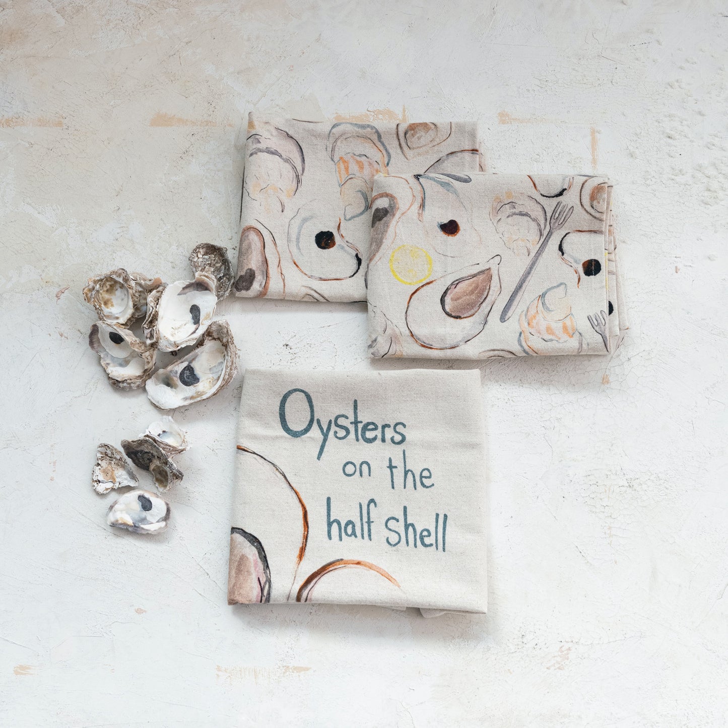 Oyster-Printed Cotton/Linen Tea Towel