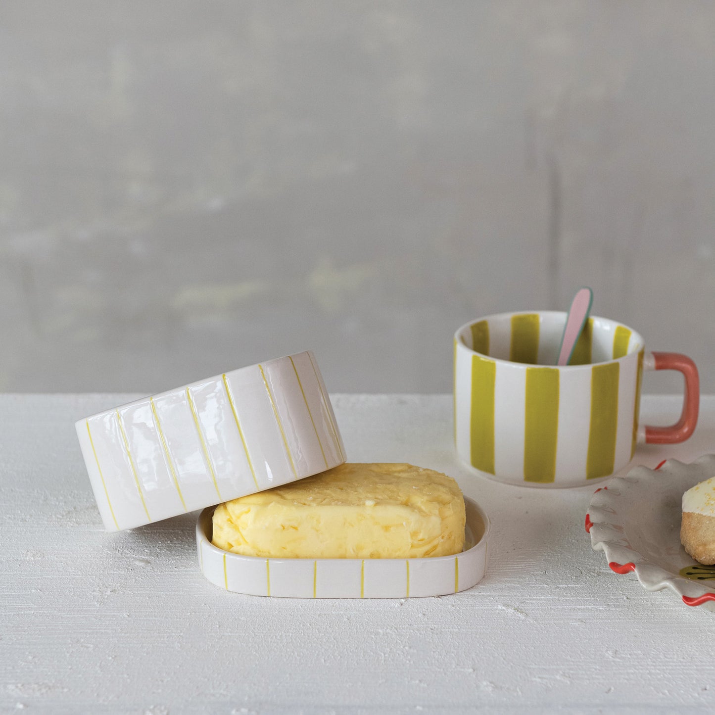 Hand-Painted Stoneware Striped Butter Dish