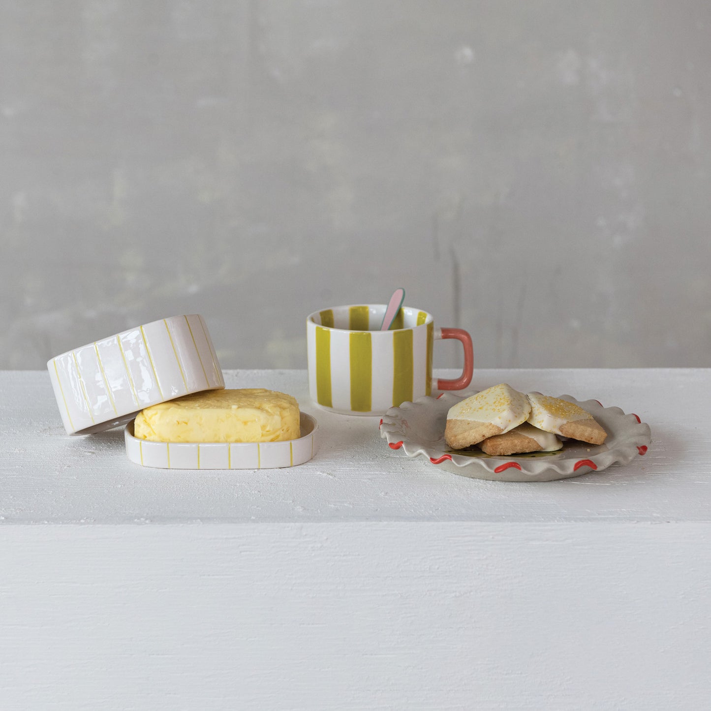 Hand-Painted Stoneware Striped Butter Dish