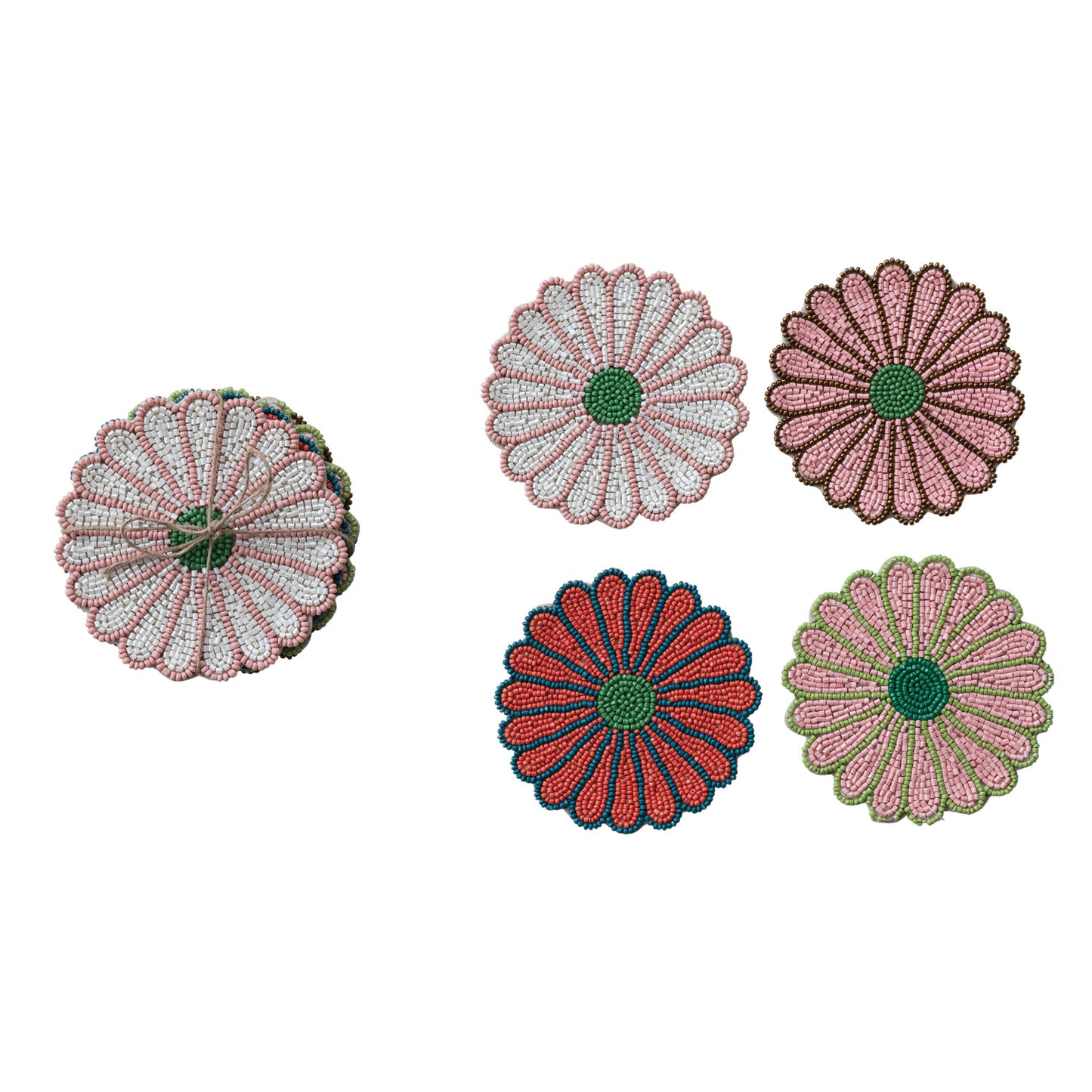 Glass Beaded Flower Shaped Coasters Set