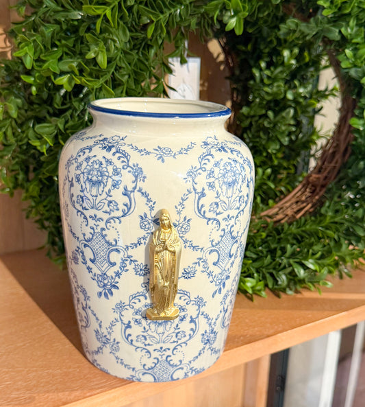 Mother Mary Intaglio Blue/White Chinoiserie Vase