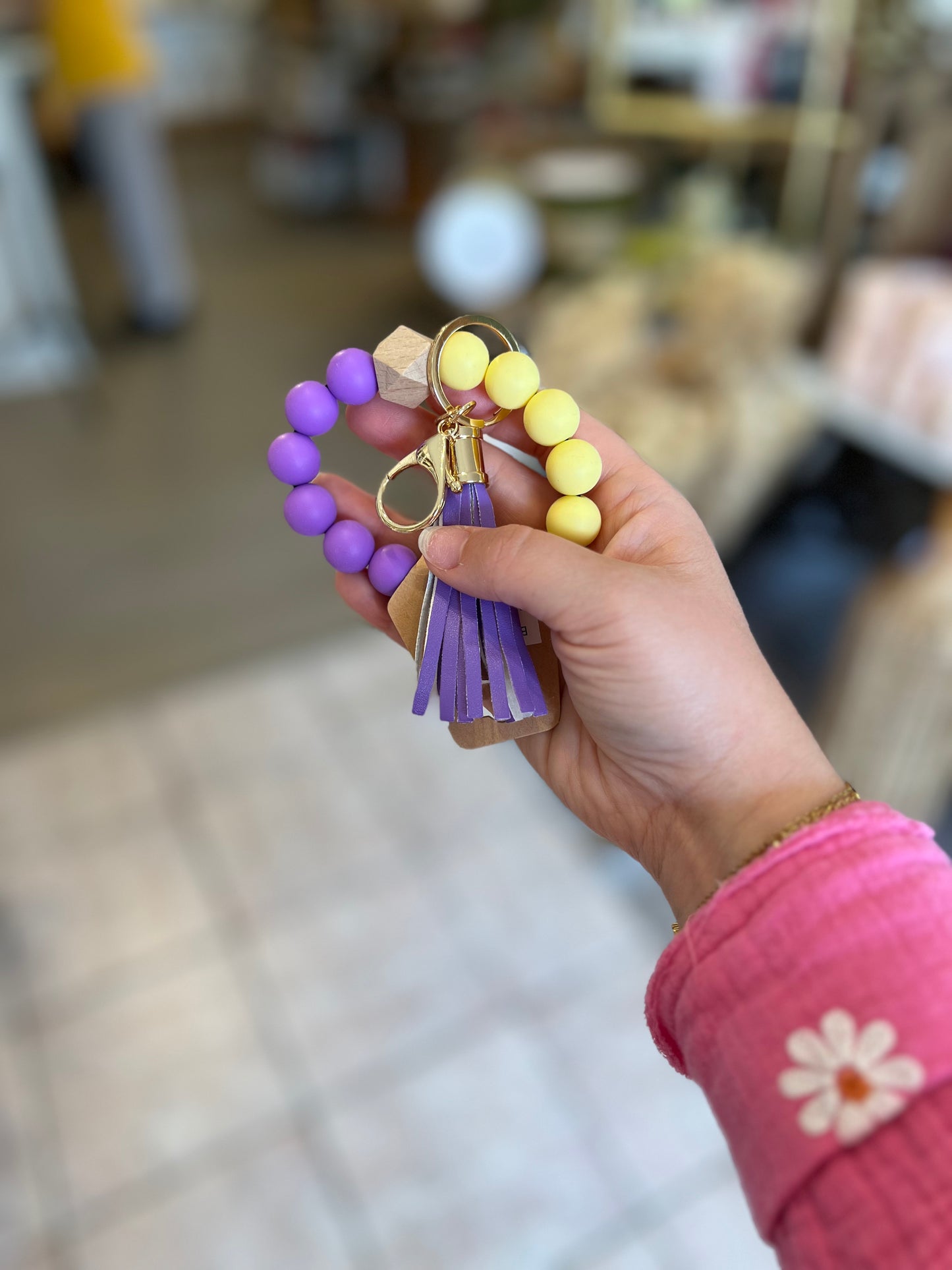 Silicone Beaded Keyring Bracelet | Purple/Yellow