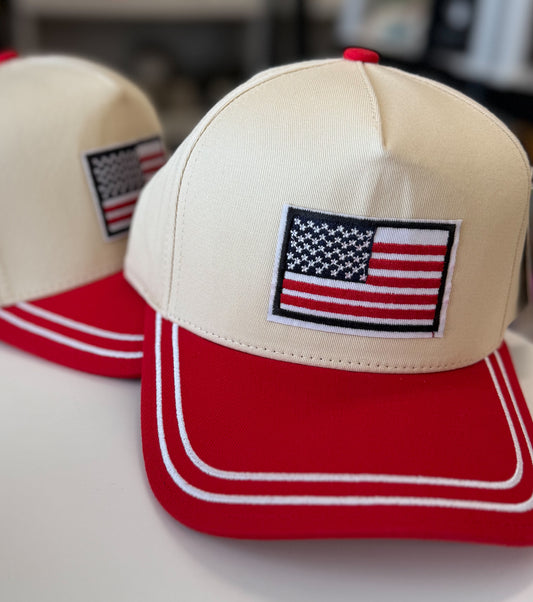 Embroidered Brim Two-Tone Trucker Hat | Red/Beige