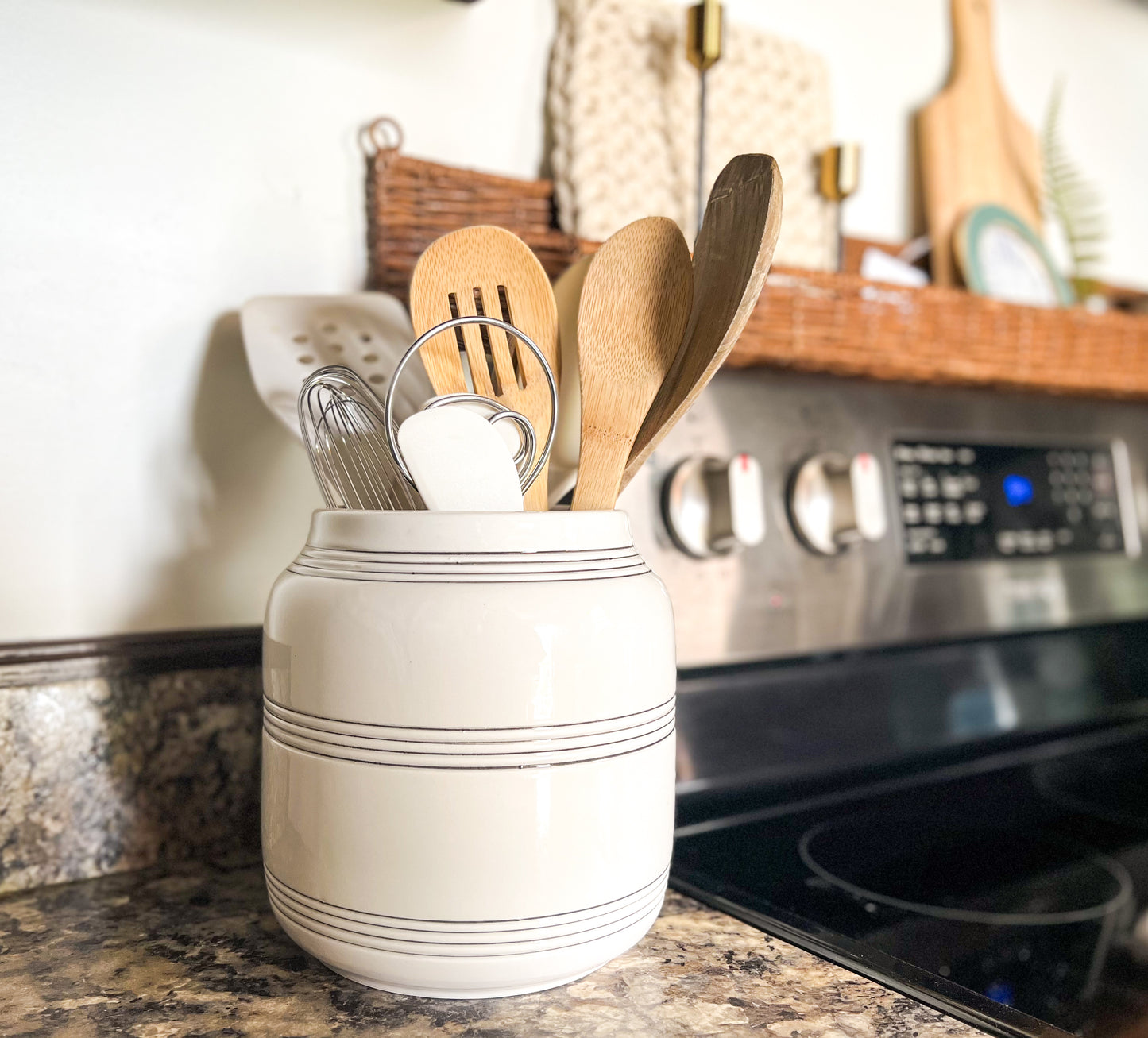 Cream & Black Lined Ceramic Vase