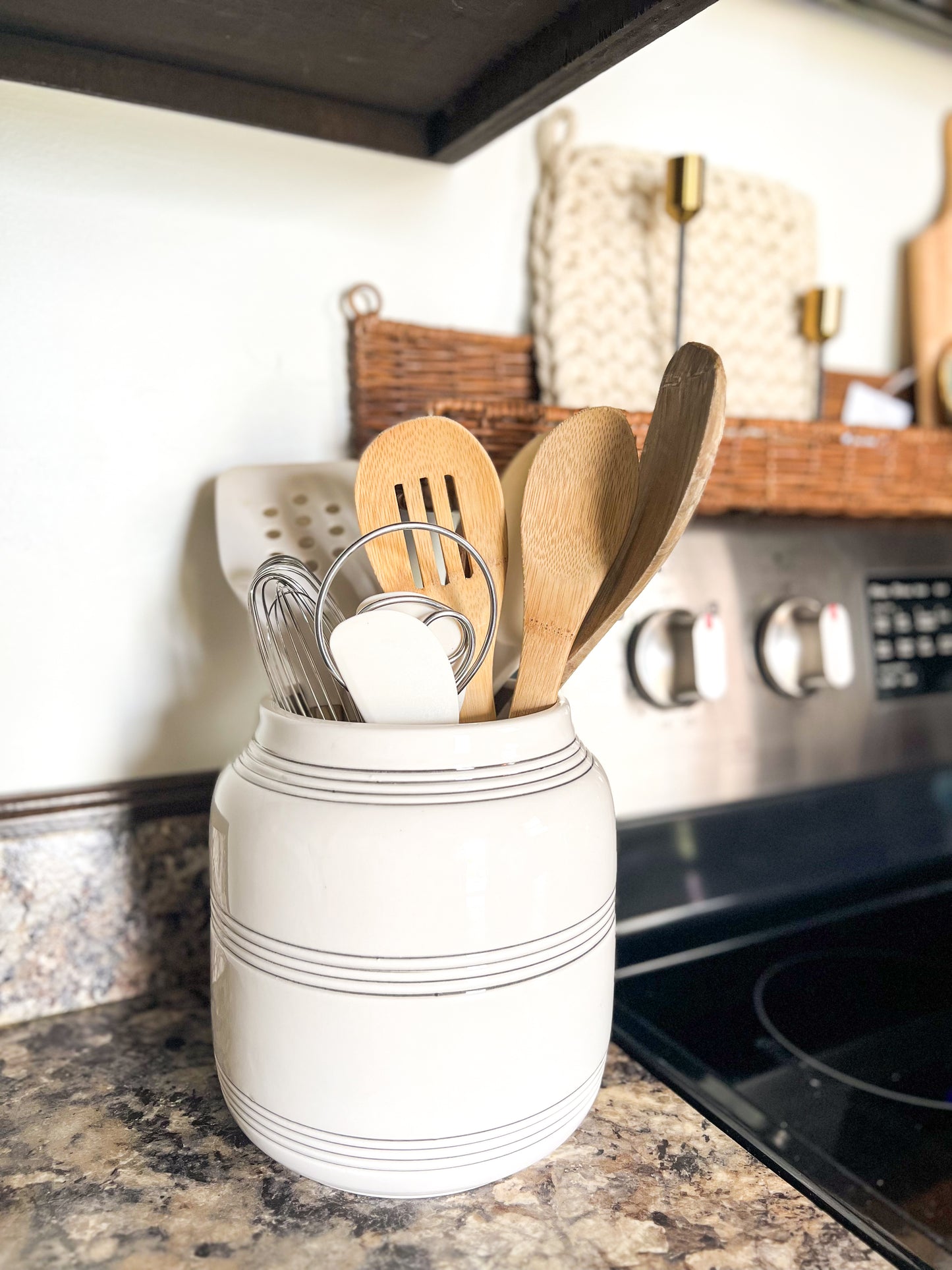 Cream & Black Lined Ceramic Vase