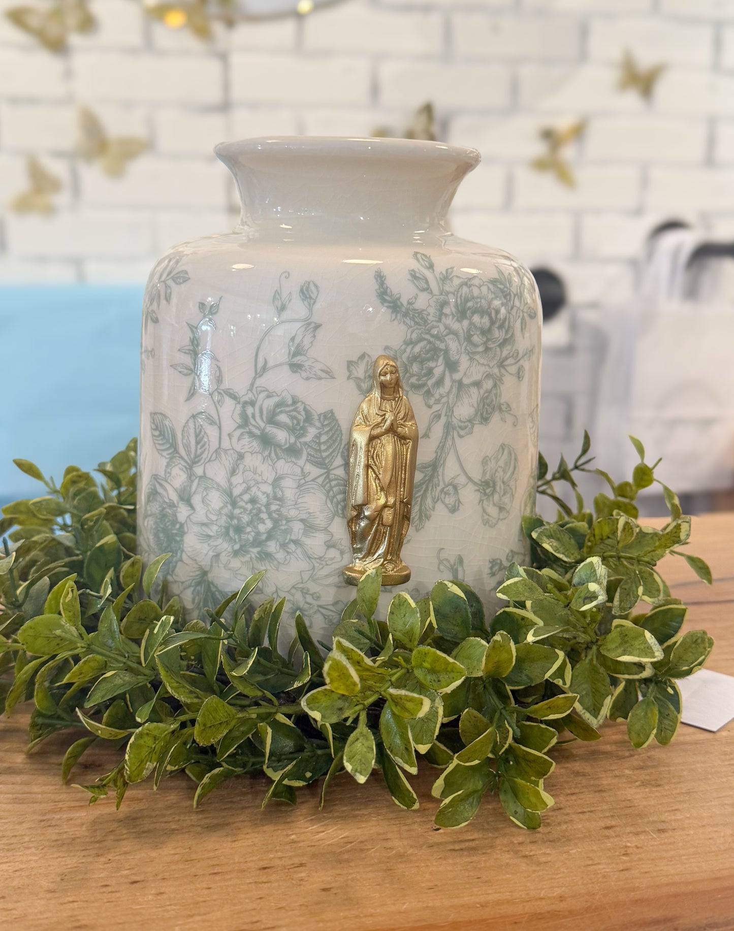 Mother Mary Intaglio on Green/Cream Floral Vase