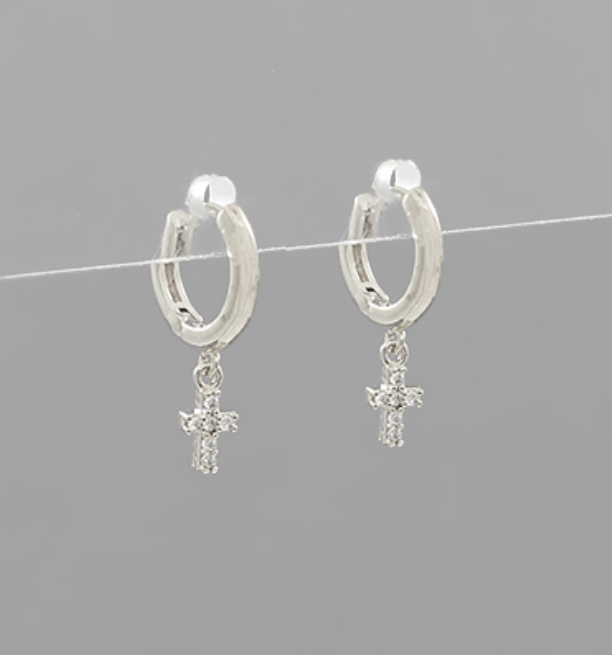 Cross Charm Huggie Hoops | Silver