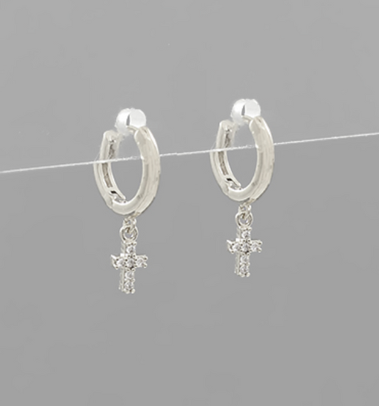 Cross Charm Huggie Hoops | Silver