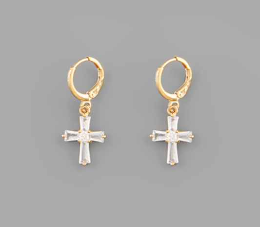 Gold Pave Cross Dangle Huggies