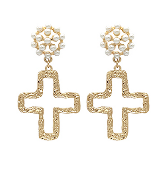 Cutout Cross & Pearl Cluster Drop Earrings