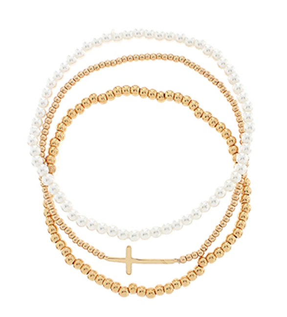 Pearl/Gold Cross Bracelet Set