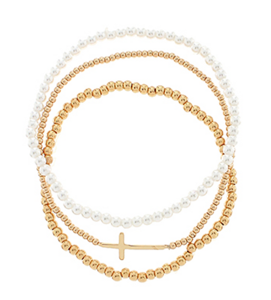 Pearl/Gold Cross Bracelet Set