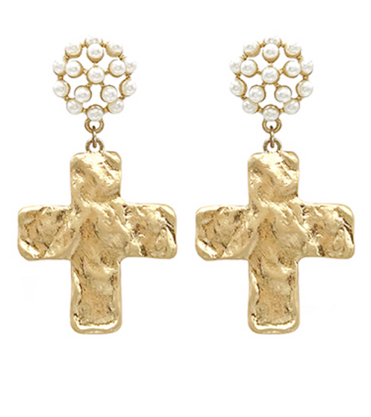 Hammered Cross Pearl Earrings | Gold