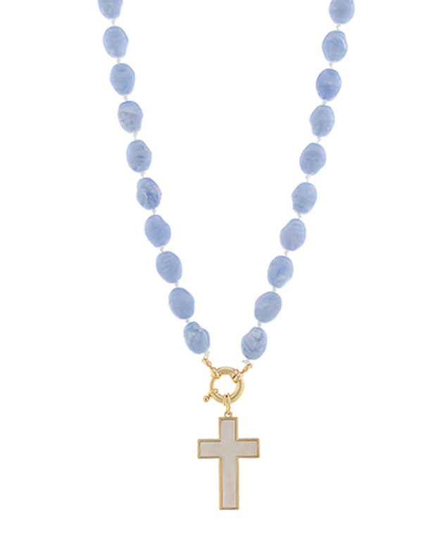 Oval Beaded Necklace | Marble Cross Pendant